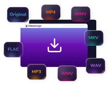 Illustration de la sélection de format dans VideoManager avec icône de téléchargement et options MP4, MP3, MKV et WAV