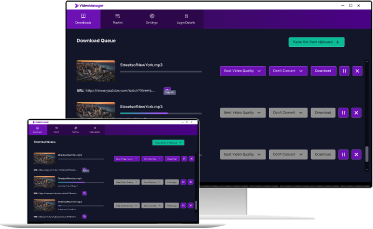 Interface de file d'attente de téléchargement VideoManager sur un écran de bureau et un ordinateur portable