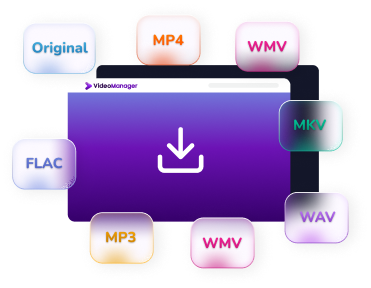 Illustration de la sélection de format dans VideoManager avec icône de téléchargement et options MP4, MP3, MKV et WAV
